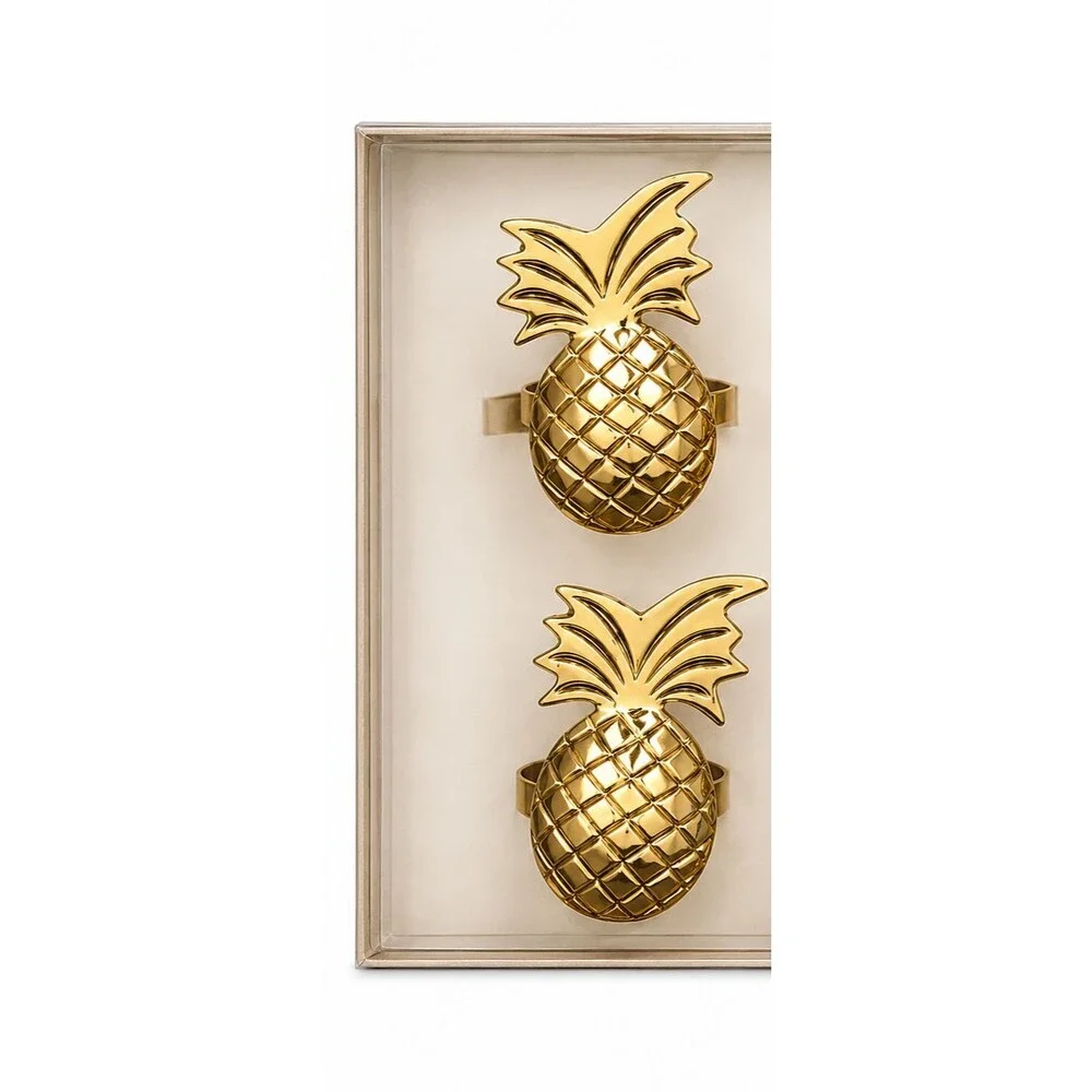 Pineapple Napkin Rings Set of 4 Gold Tone Coastal Beach Summer Cottage Decor